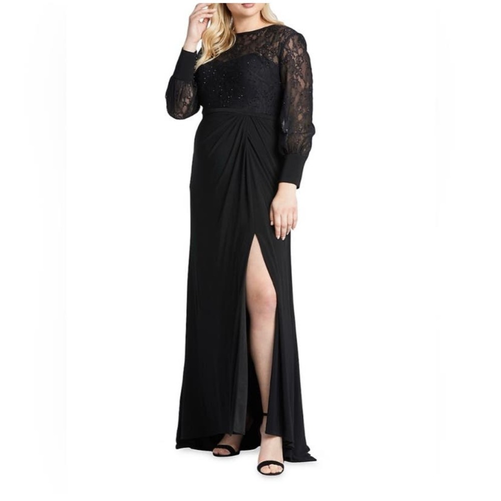 Mac Duggal Sequin Lace Illusion Black Formal Evening Gown Plus Size 20W